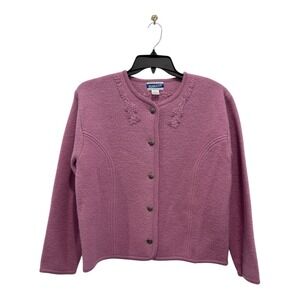Pendleton Sweater Women Large 100% Wool Cardigan Lavender Embroidered Button Up‎